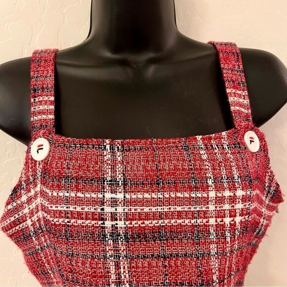 Fila Jester Italia Plaid Tweed Red White Square Neck Crop Tank Top Raw Hem XS - Picture 7 of 11